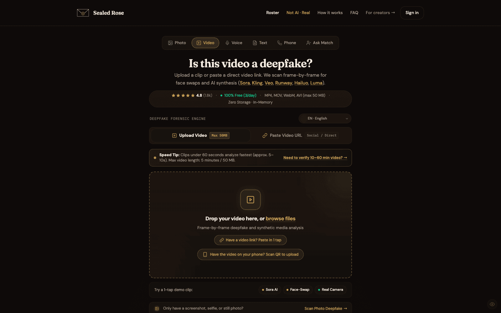Sealed Rose product screenshot showing its deepfake detection and media forensics interface