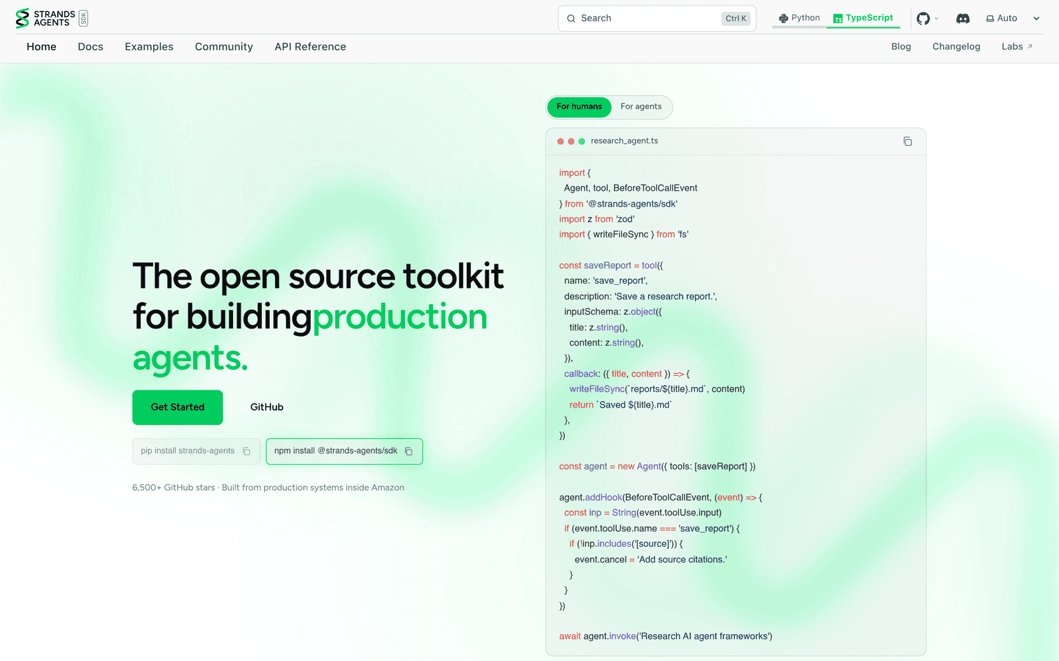 Strands Agents product interface dashboard screenshot homepage view