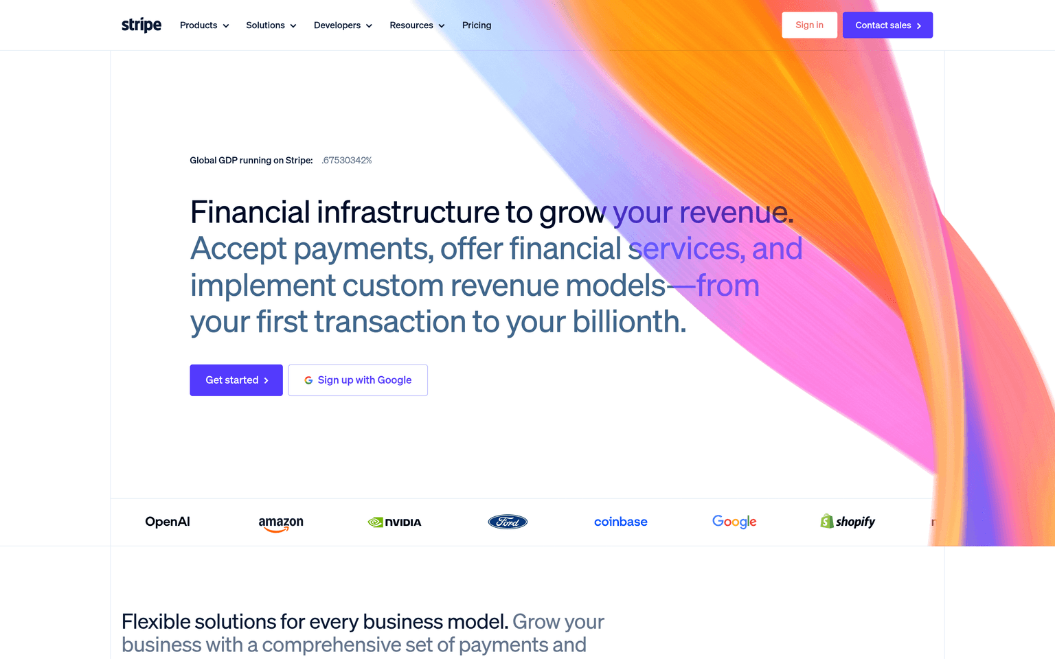 Stripe homepage showing online payments and billing platform interface