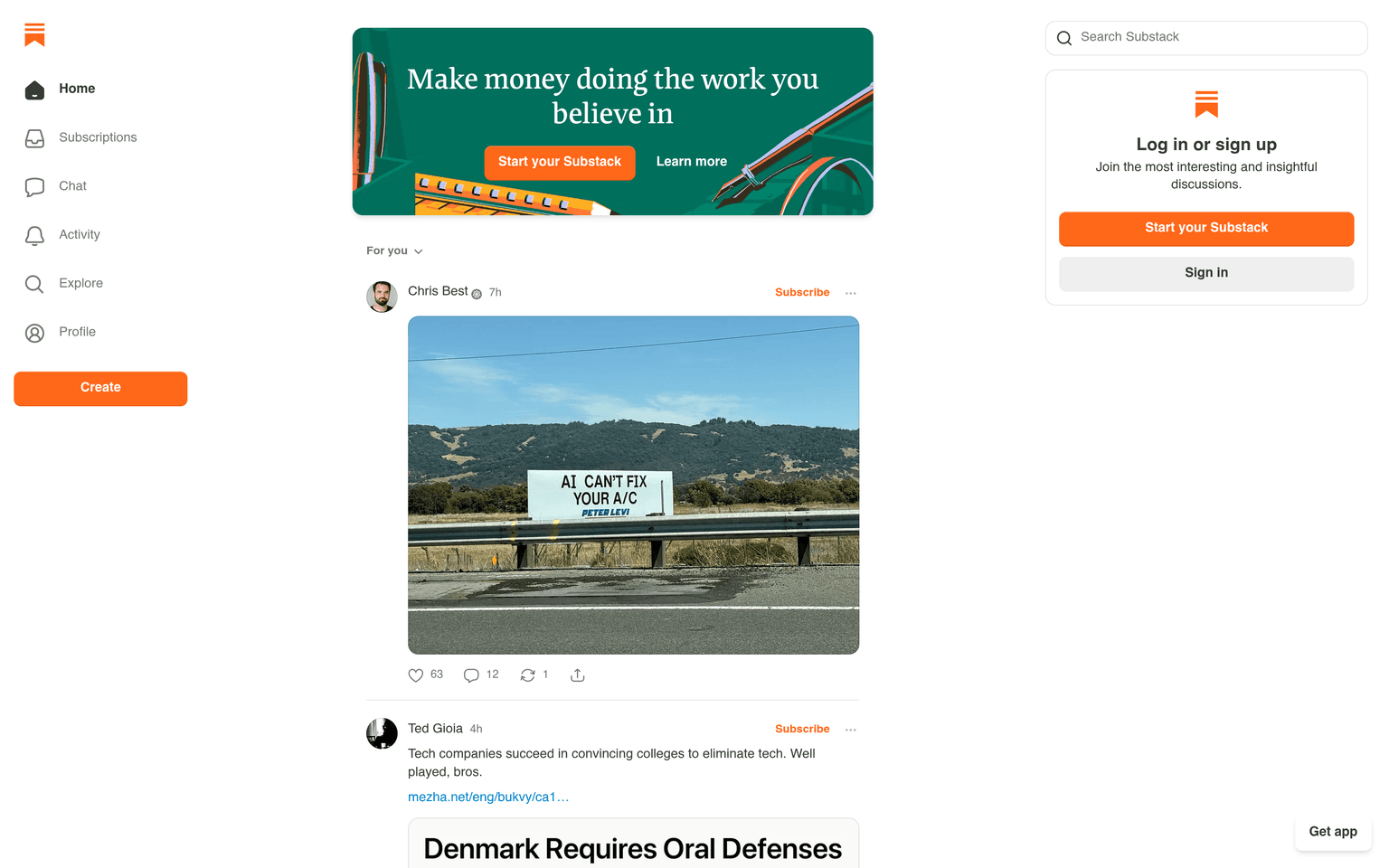 Substack newsletter publishing platform homepage interface screenshot