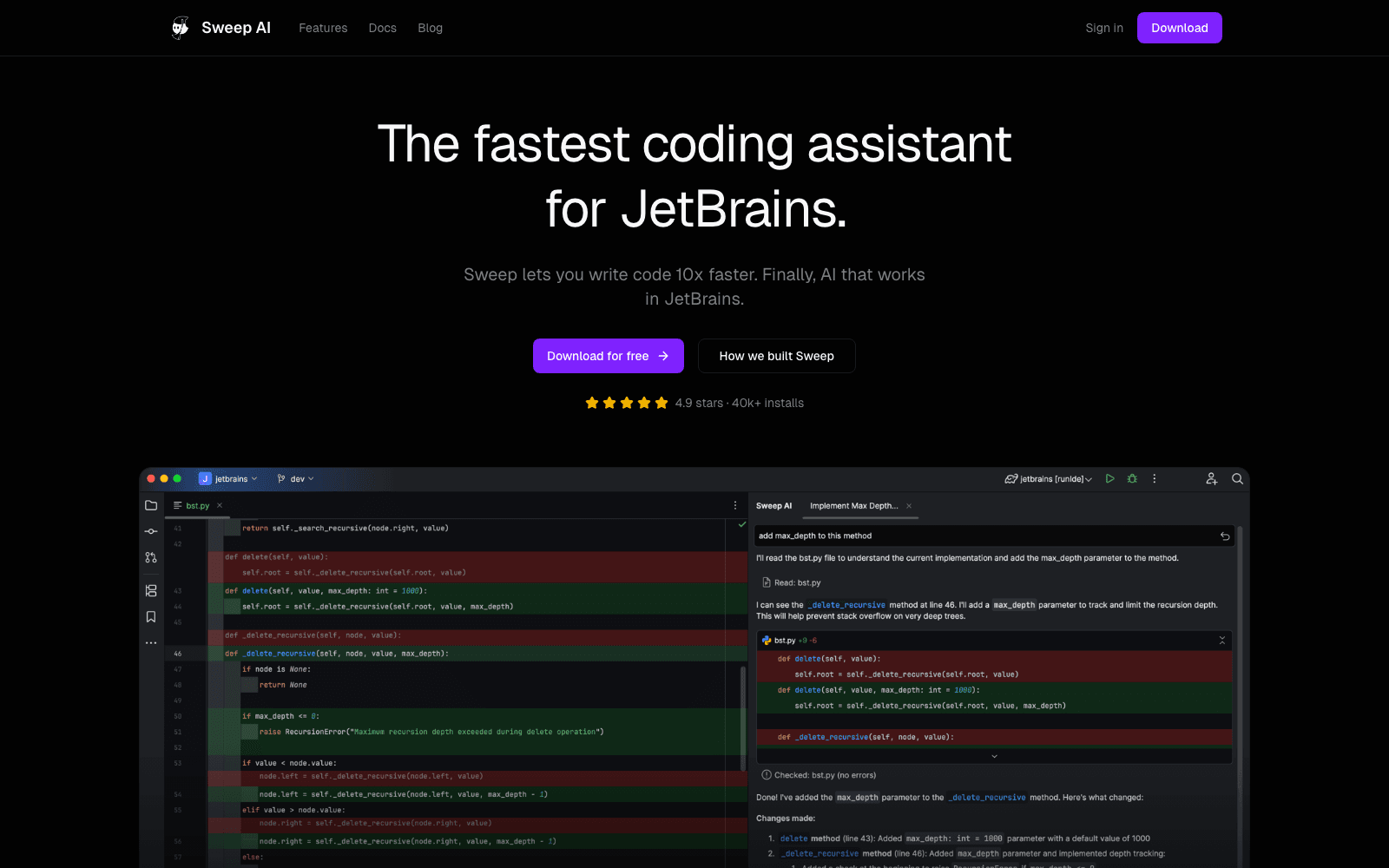 Sweep AI developer tools tool screenshot