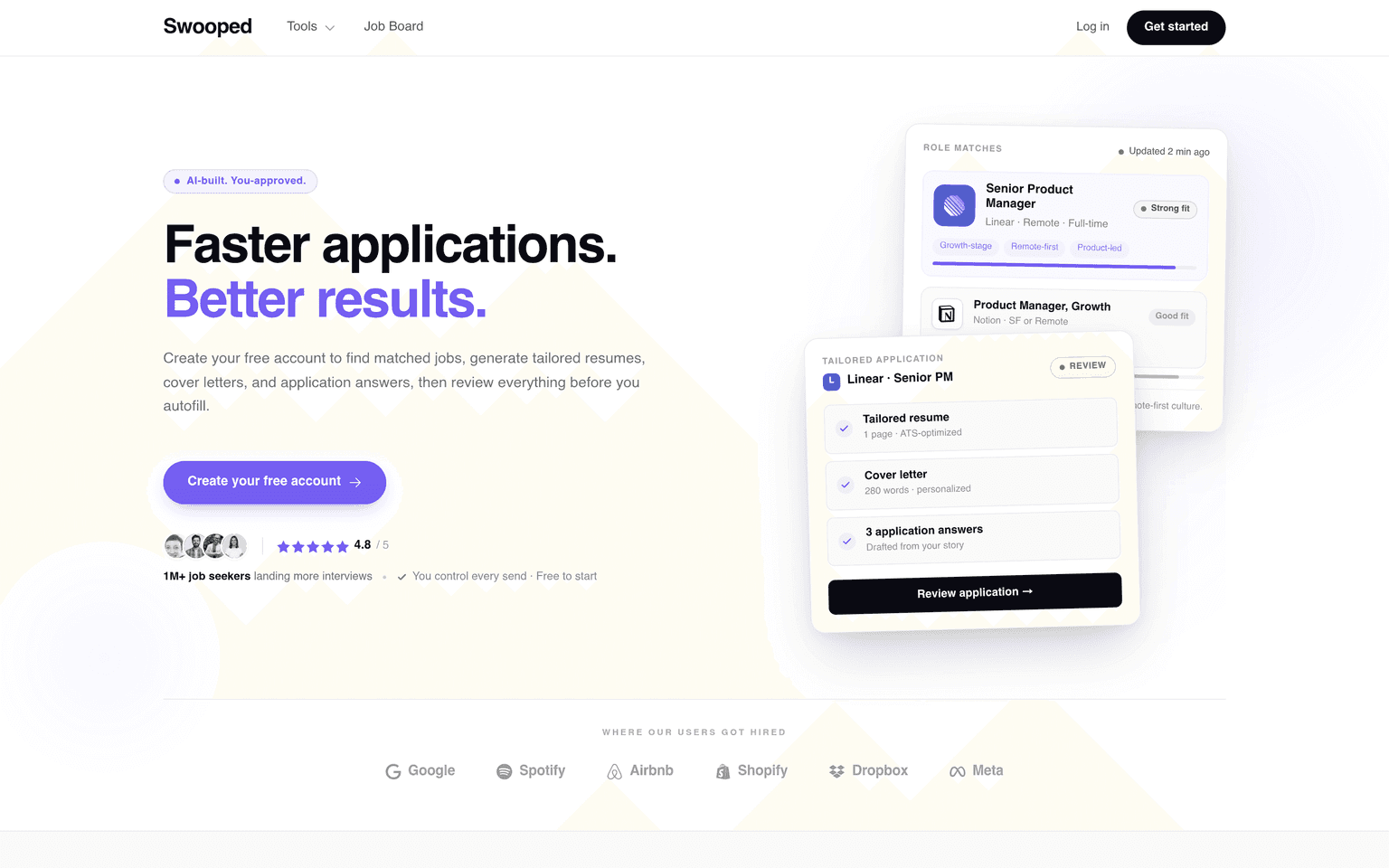 Swooped product interface dashboard screenshot homepage view