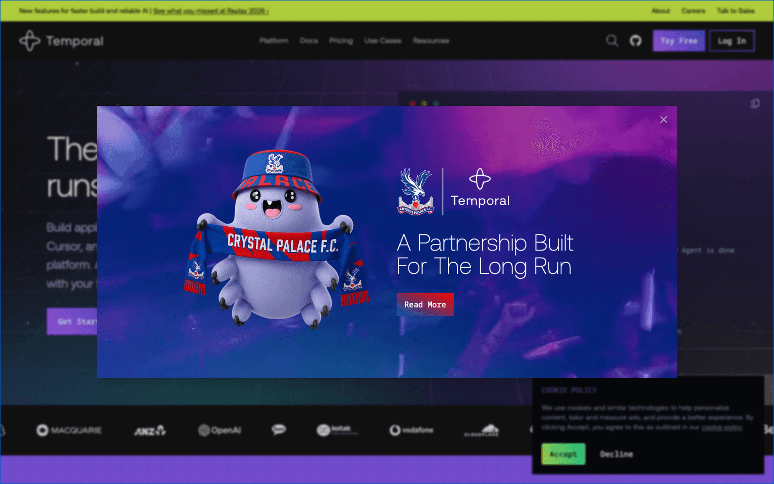 Temporal product homepage screenshot showing the interface and branding