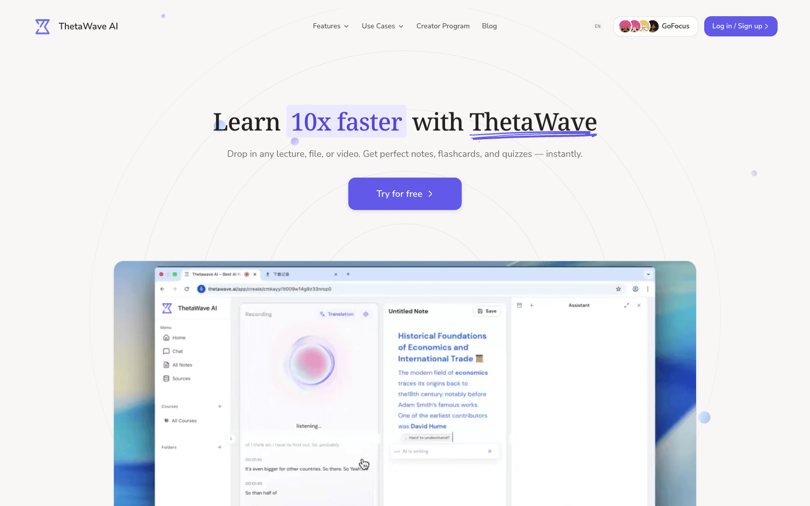 ThetaWave AI homepage screenshot showing the product interface and branding