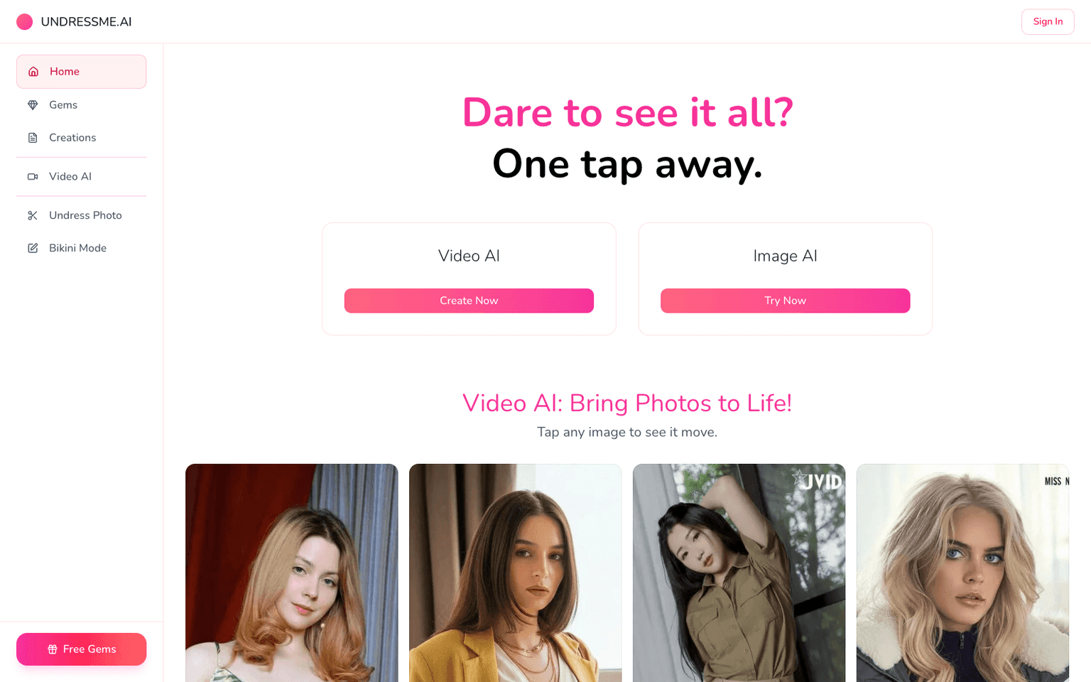 UndressMe AI homepage showing the upload-photo interface for AI undress and animation