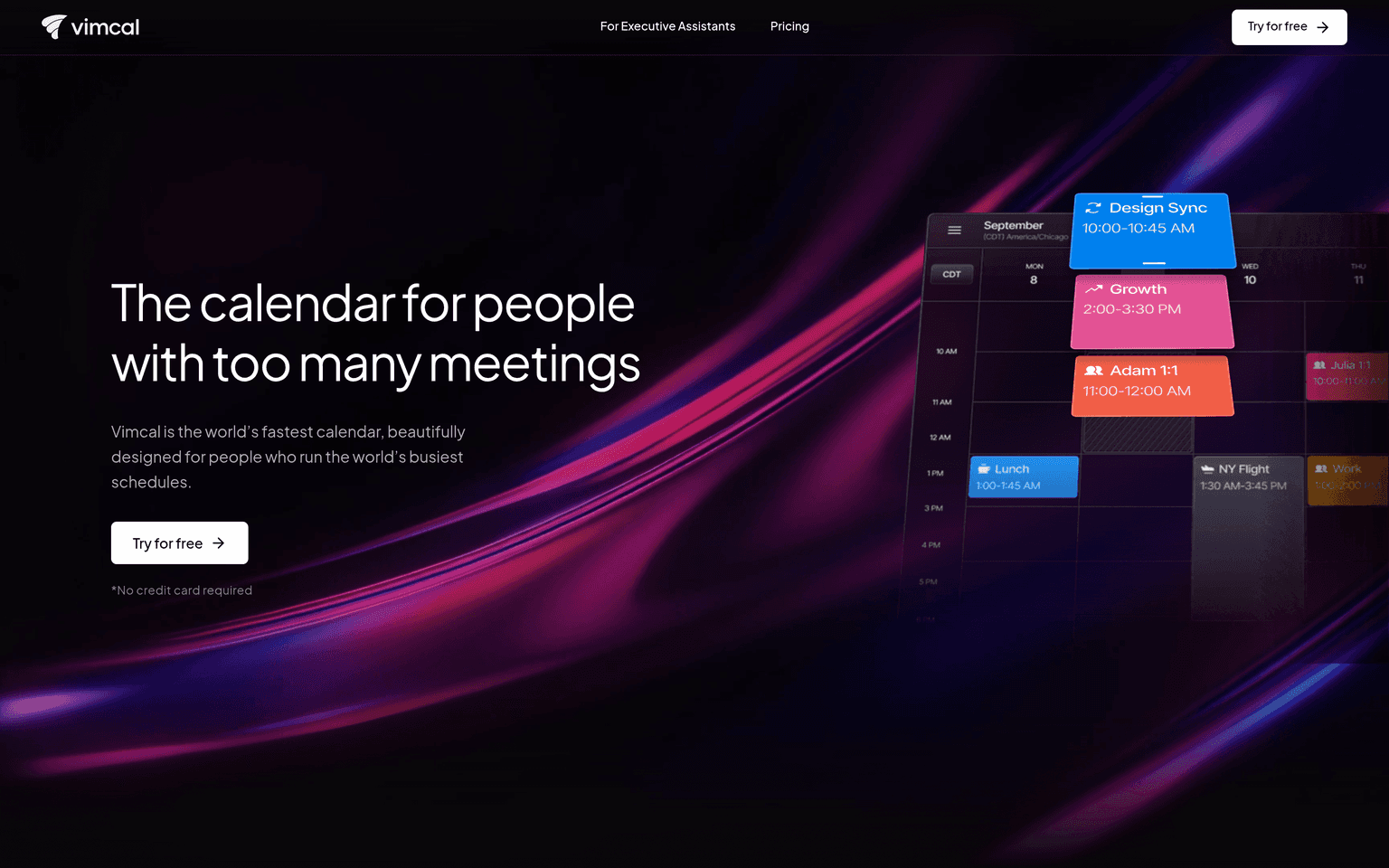 Vimcal product interface dashboard screenshot homepage view