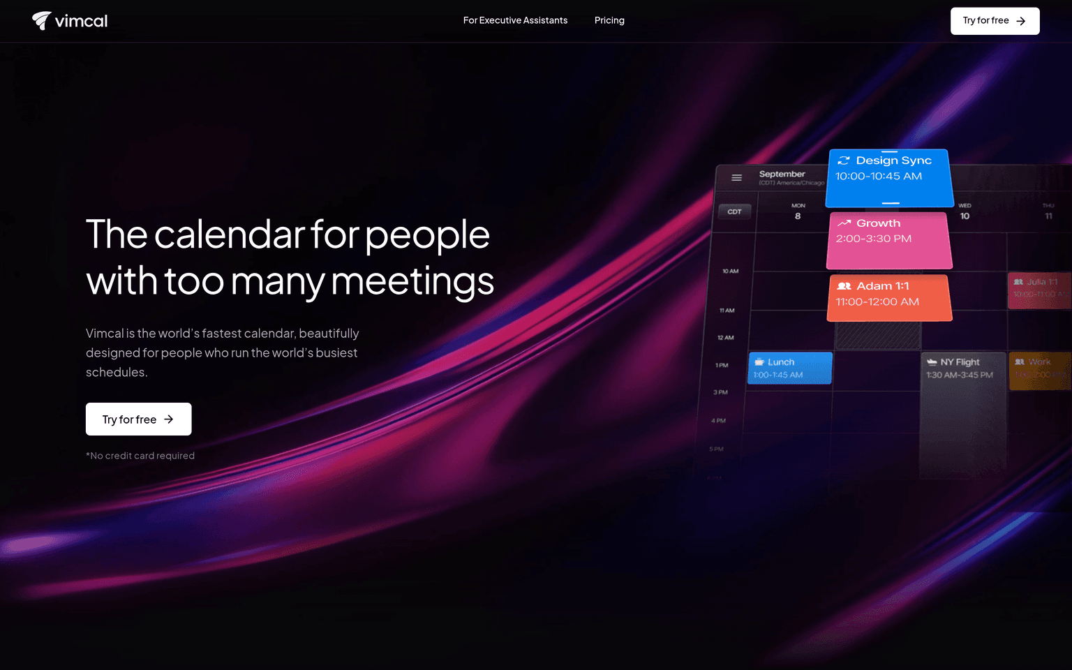 Vimcal product interface dashboard screenshot homepage view