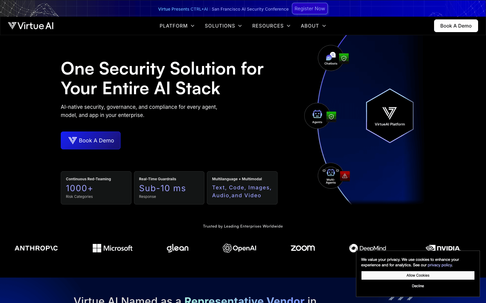 Virtue AI product homepage screenshot showing the interface and branding