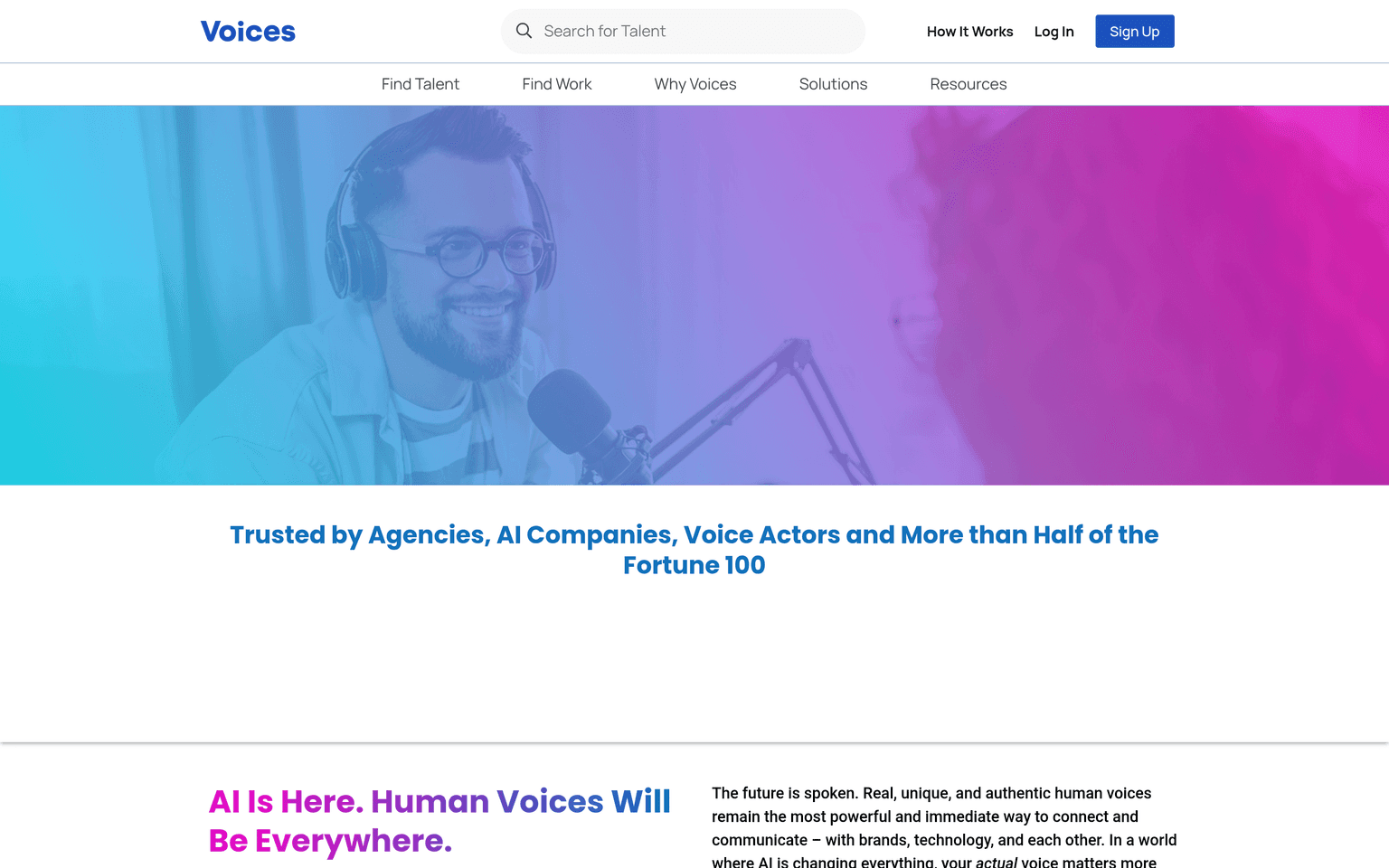 Voices product interface dashboard screenshot homepage view