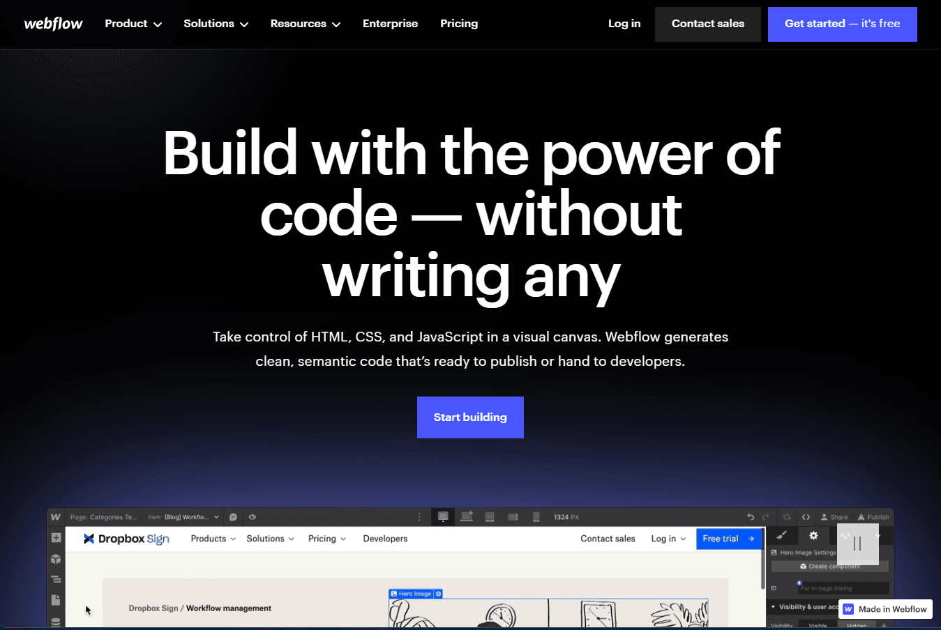 Webflow's interface showing website design process