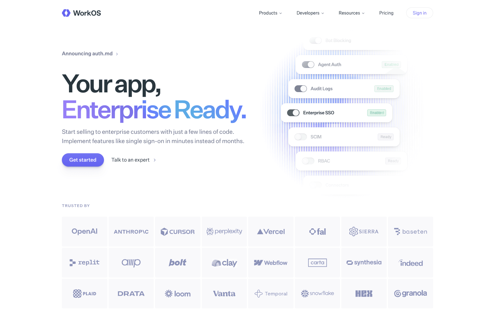 WorkOS product homepage screenshot showing the interface and branding