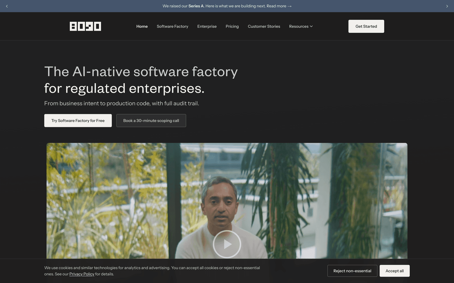 8090 landing page describing an AI software factory turning plain-English intent into audited production code
