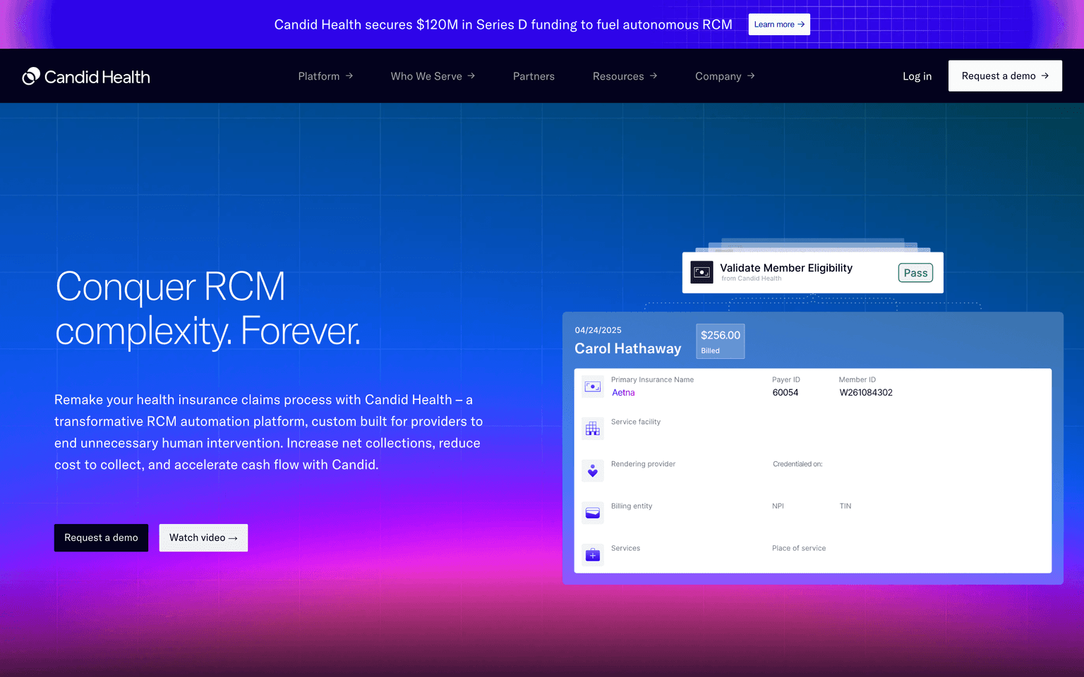 Candid Health landing page describing autonomous revenue cycle management and touchless medical claims