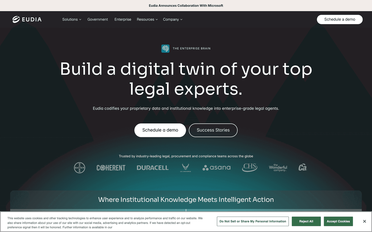 Eudia landing page describing an augmented intelligence platform and AI digital twins for in-house legal teams