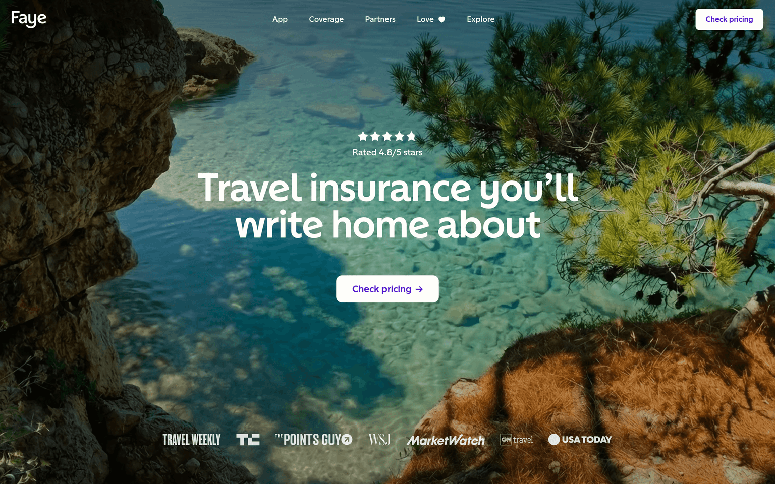 Faye landing page showing app-based travel insurance with instant claims and real-time trip alerts