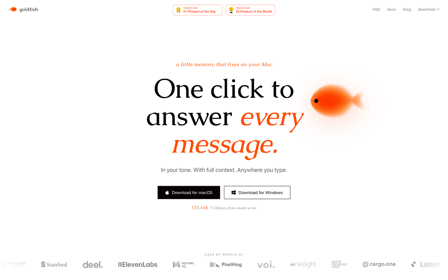Goldfish landing page describing a local Mac AI memory that drafts replies in your tone via the Option key