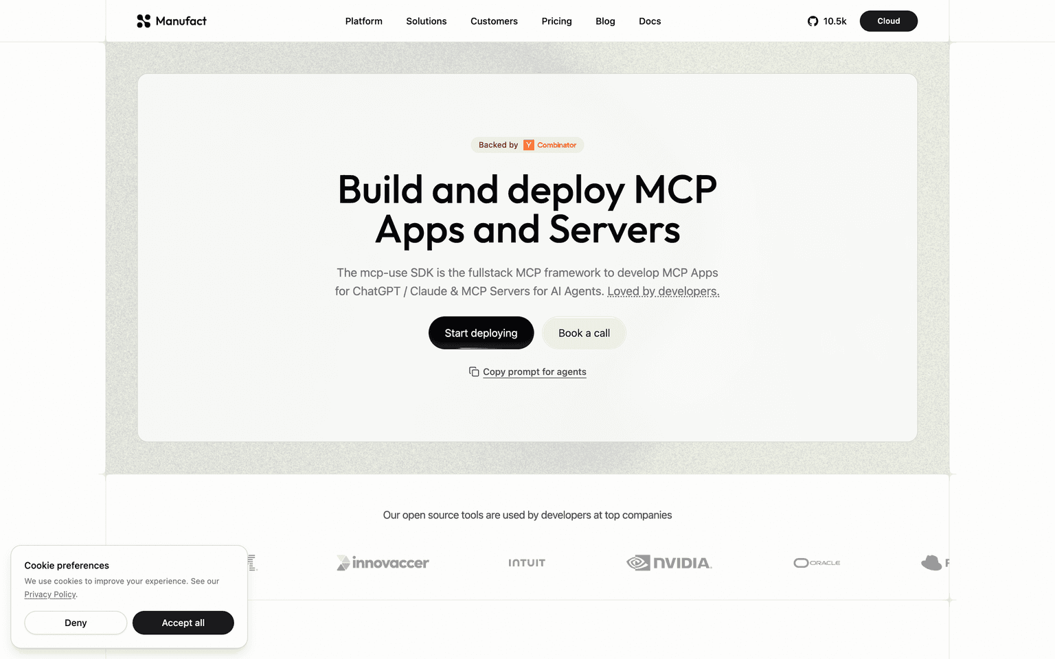 Manufact landing page describing a framework and cloud to build, deploy, and host MCP servers