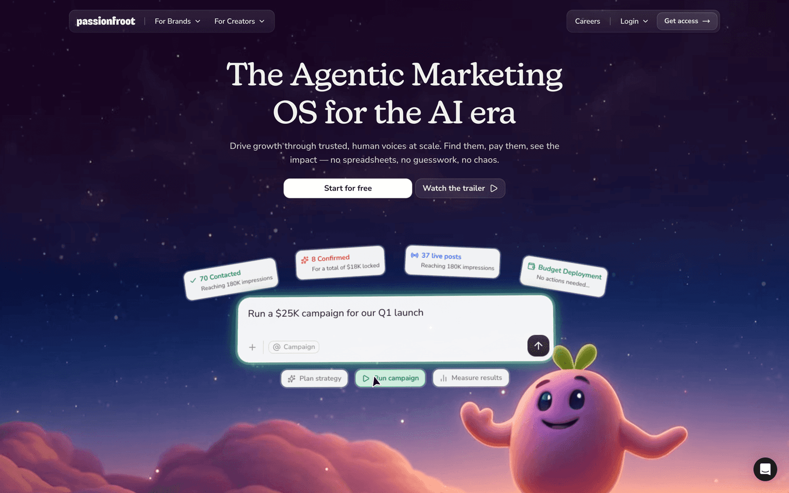 Passionfroot landing page describing an AI platform to plan campaigns and pay B2B creators in one place