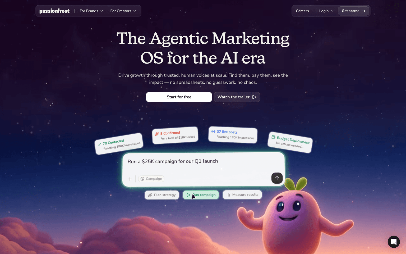 Passionfroot landing page describing an AI platform to plan campaigns and pay B2B creators in one place