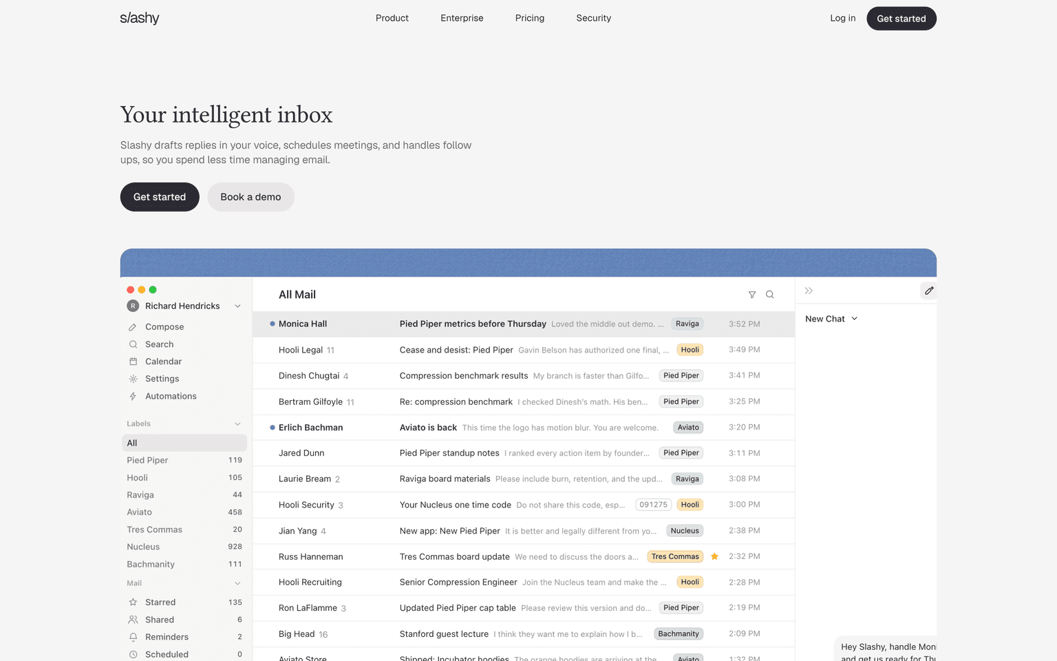 Slashy landing page describing an AI email client that drafts replies in your voice and triages your inbox