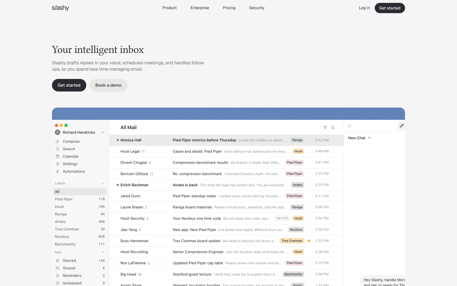 Slashy landing page describing an AI email client that drafts replies in your voice and triages your inbox
