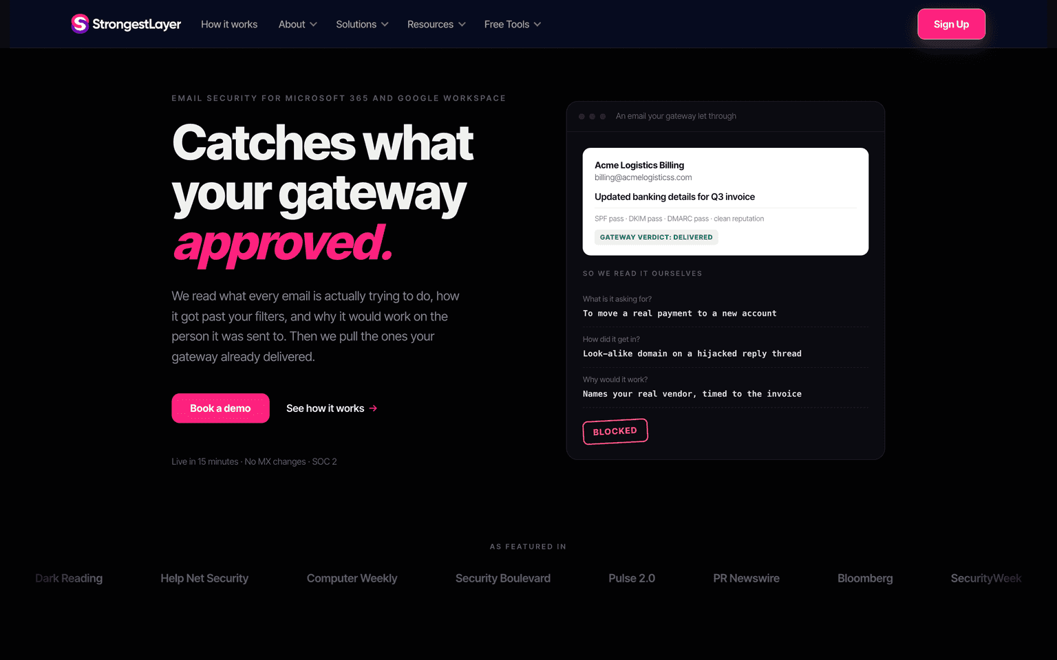 StrongestLayer landing page describing AI email security using multi-LLM reasoning to stop phishing