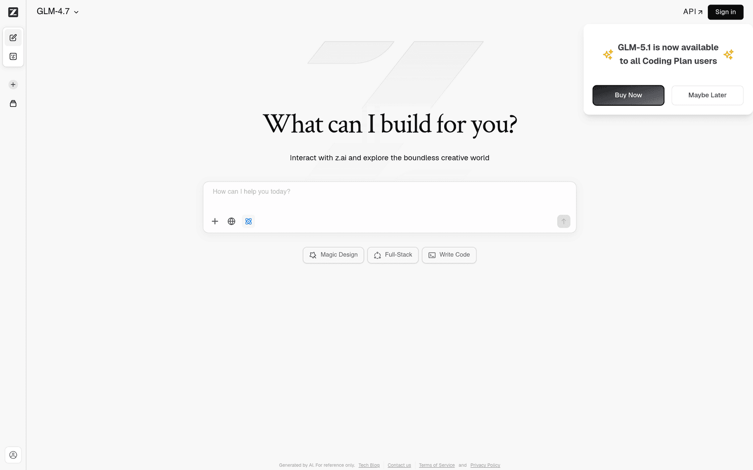 Z.ai product interface dashboard screenshot homepage view